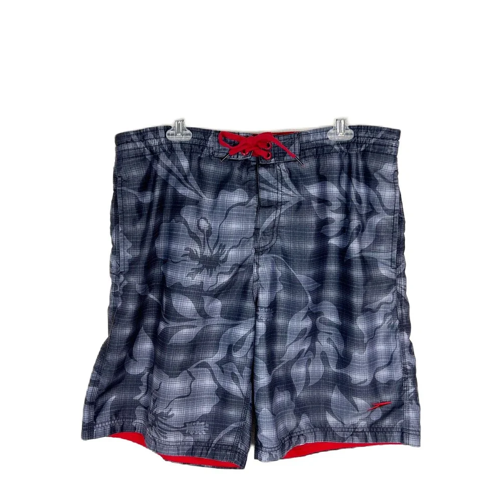 Speedo Shorts Men Large Grey Floral Plaid Board Beach Swim Surf Active Bottoms